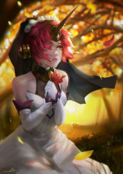 Rule 34 | 1girl, absurdres, alov, bare shoulders, crying, crying with eyes open, dress, elbow gloves, fate/apocrypha, fate (series), flower, frankenstein&#039;s monster (fate), gloves, green eyes, highres, holding, holding flower, horns, outdoors, red flower, red hair, red rose, rose, single horn, sitting, solo, tears, veil