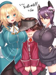 Rule 34 | 10s, 3girls, :d, atago (kancolle), black gloves, black legwear, blonde hair, blush, breast envy, breasts, brown eyes, brown hair, cardigan, date pun, dated, empty eyes, eyepatch, fingerless gloves, girl sandwich, gloves, green eyes, hand on own hip, hat, headgear, kantai collection, large breasts, long hair, looking at viewer, magatama, military, military uniform, multiple girls, number pun, open mouth, pantyhose, ryuujou (kancolle), sandwiched, school uniform, short hair, simple background, smile, tenryuu (kancolle), thighhighs, translated, twintails, uniform, visor cap, white background, yapo (croquis side), yellow eyes, zettai ryouiki