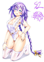 Rule 34 | 1girl, apron, blue eyes, braid, breasts, full body, hair ornament, highres, kneeling, kurozero, large breasts, licking lips, long hair, naked apron, naughty face, neptune (series), no shoes, power symbol, power symbol-shaped pupils, purple hair, purple heart (neptunia), skindentation, smile, solo, symbol-shaped pupils, thighhighs, tongue, tongue out, twin braids, twintails, very long hair, white thighhighs