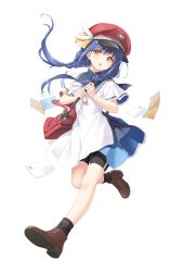 Rule 34 | 1girl, anemoi, bag, bike shorts, blue hair, boots, braid, cabbie hat, dress, full body, hat, letter, long hair, looking at viewer, low twin braids, mail, na-ga, official art, open mouth, shirato koyomi, shoulder bag, solo, transparent background, twin braids, yellow eyes
