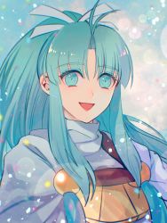Rule 34 | 1girl, blue eyes, blue hair, breasts, cape, golden sun, hair ribbon, highres, long hair, looking at viewer, mia (golden sun), oas, open mouth, ponytail, ribbon, robe, smile, solo, wide ponytail