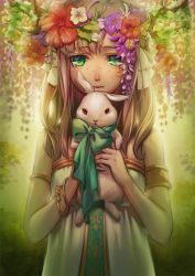 Rule 34 | 1girl, antlers, armband, bare shoulders, bracelet, brown hair, dress, expressionless, flower, freckles, gradient background, green eyes, hair flower, hair ornament, head wreath, horns, jewelry, long hair, original, ouu min, rabbit, solo, strapless, strapless dress