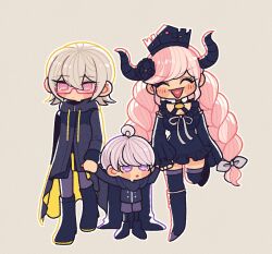 Rule 34 | 1boy, 1girl, 1other, ahoge, black coat, black dress, black flower, black footwear, black gloves, black horns, black jacket, blush, boots, braid, breasts, cape, cleavage, closed eyes, closed mouth, coat, commentary request, crown, detached sleeves, dress, fingerless gloves, flower, full body, gloves, grey background, hair between eyes, hair ornament, halara nightmare, highres, holding hands, hood, hood down, hooded coat, horns, jacket, long hair, long sleeves, looking at another, looking to the side, master detective archives: rain code, medium breasts, multicolored hair, multiple girls, open mouth, pink-framed eyewear, pink eyes, pink hair, purple eyes, purple hair, ribbon, semi-rimless eyewear, shinigami (rain code), short hair, simple background, smile, tonio (spuid antn), twin braids, two-tone hair, very long hair, walking, white hair, white ribbon, yuma kokohead