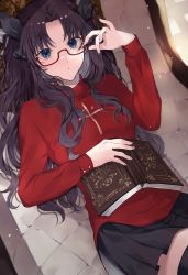Rule 34 | 1girl, adjusting eyewear, bespectacled, black hair, black ribbon, black skirt, black thighhighs, blue eyes, book, breasts, closed mouth, commentary request, couch, cowboy shot, fate/stay night, fate (series), glasses, hair ribbon, highres, holding, long hair, long sleeves, looking at viewer, lying, medium breasts, miniskirt, on back, pale skin, parted bangs, pleated skirt, red sweater, ribbon, semi-rimless eyewear, shimatori (sanyyyy), skirt, solo, sweater, thighhighs, tohsaka rin, two side up, under-rim eyewear