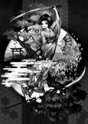 Rule 34 | asa no ha (pattern), cherry blossoms, dazzle (shinkonryu), egasumi, fox, geisha, greyscale, japanese clothes, katana, kimono, monochrome, naginata, oiran, original, polearm, seigaiha, sword, weapon