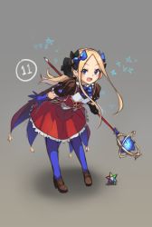 Rule 34 | 1girl, :d, abigail williams (fate), animal, asymmetrical gloves, black bow, black gloves, blonde hair, blue bow, blue eyes, blue gloves, blue pantyhose, blush, bow, brown footwear, bug, butterfly, commentary, cosplay, english commentary, fate/grand order, fate (series), forehead, frilled skirt, frills, full body, gloves, grey background, hair bow, holding, holding staff, insect, leaning forward, leonardo da vinci (fate), leonardo da vinci (fate/grand order), leonardo da vinci (rider) (fate), leonardo da vinci (rider) (fate) (cosplay), loafers, long hair, looking at viewer, mismatched gloves, miya (miyaruta), open mouth, pantyhose, parted bangs, puff and slash sleeves, puffy short sleeves, puffy sleeves, red skirt, saint quartz (fate), shadow, shoes, short sleeves, sketch, skirt, smile, solo, staff, standing, v-shaped eyebrows, very long hair
