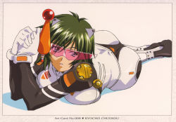 Rule 34 | 1girl, ass, blue eyes, bodysuit, border, breast press, breasts, card (medium), green hair, gun, hair ornament, heart, highres, ikkitousen, kyocho chuukou, large breasts, lying, official art, on stomach, own hands clasped, own hands together, shadow, short hair, simple background, solo, sunglasses, weapon