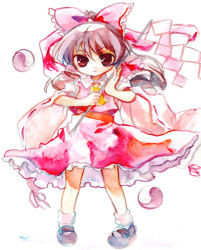 Rule 34 | 1girl, brown hair, chaba (hortensia), detached sleeves, female focus, full body, gohei, hakurei reimu, long hair, looking at viewer, mary janes, red eyes, shoes, simple background, solo, standing, touhou, white background
