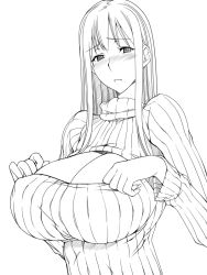Rule 34 | 00s, 1girl, blush, breasts, cleavage, cleavage cutout, clothing cutout, ebido, greyscale, half-closed eyes, huge breasts, lineart, long hair, long sleeves, meme attire, monochrome, nose blush, open-chest sweater, ribbed sweater, selvaria bles, senjou no valkyria (series), simple background, solo, sweater, turtleneck, upper body, white background