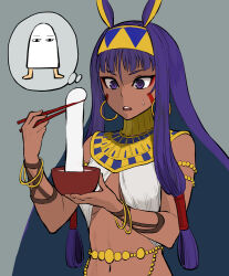 Rule 34 | 1girl, animal ears, b suke, bangle, bowl, bracelet, breasts, chopsticks, dark-skinned female, dark skin, eyeliner, facial mark, fate/grand order, fate (series), food, gold necklace, grey background, hair tubes, hairband, holding, holding bowl, holding chopsticks, jewelry, makeup, medium breasts, medjed (fate), mochi, navel, necklace, nitocris (fate), purple eyes, purple hair, red eyeliner, simple background, solo, sweat, thought bubble, upper body, yellow hairband