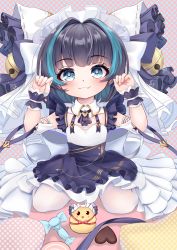 Rule 34 | 1girl, :3, absurdres, aqua eyes, aqua hair, azur lane, bell, black hair, blunt bangs, candy, cheshire (azur lane), child, chinese commentary, chocolate, chocolate heart, closed mouth, curled fingers, detached collar, dot nose, dress, fang, flat chest, food, frilled dress, frills, gold trim, hair ornament, hands up, heart, highres, jingle bell, little cheshire (azur lane), long dress, looking at viewer, maid headdress, manjuu (azur lane), multicolored hair, polka dot, polka dot background, sitting, solo, streaked hair, suspenders, two-tone hair, user jpzu3458, wariza, white dress, white legwear, wrist cuffs