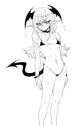 Rule 34 | 1girl, bare shoulders, bikini, blush, bracelet, breasts, closed mouth, collarbone, demon tail, detached sleeves, dokunasubi, feet out of frame, fingernails, flying sweatdrops, head wings, highres, jewelry, long hair, looking at viewer, micro bikini, navel, nose blush, original, pointy ears, ribs, side-tie bikini bottom, sidelocks, small breasts, smile, solo, stomach, sweat, swimsuit, tail, tearing up, wings