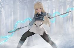 Rule 34 | 1girl, blonde hair, fog, forest, gloves, headband, highres, hime cut, holding, holding polearm, holding weapon, jourd4n, leggings, lightning, long hair, long sleeves, looking at viewer, nature, original, polearm, purple eyes, solo, spear, weapon, white headband