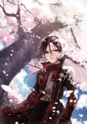 Rule 34 | 10s, 1boy, bad id, bad pixiv id, blood, blood on face, blood on clothes, brown hair, cherry blossoms, earrings, hanasaki coa, injury, jewelry, kashuu kiyomitsu, male focus, mole, mole under mouth, petals, ponytail, red eyes, scarf, touken ranbu, tree