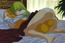 Rule 34 | 00s, 1girl, absurdres, ass, barefoot, bed, between thighs, blush, breast press, breasts, c.c., cheese-kun, code geass, green hair, highres, hug, long hair, lying, no bra, no panties, hugging object, official art, on bed, open clothes, open shirt, pillow, pillow hug, pizza hut, scan, shirt, sideboob, solo, tabata hisayuki, thighs, topless, yellow eyes