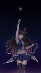 Rule 34 | 1girl, absurdres, arm up, bare shoulders, black sky, black thighhighs, blue bow, blue eyes, blue skirt, blue sky, blue vest, blush, bow, bowtie, breasts, brown hair, buttons, collared shirt, collared vest, fingernails, gradient sky, grey shirt, hair between eyes, hair ornament, hair ribbon, hand up, highres, hololive, long fingernails, long hair, looking at viewer, medium breasts, miniskirt, navel, night, night sky, nonekong, open clothes, open vest, outdoors, pink bow, pink bowtie, pink ribbon, pleated skirt, pointing, ribbon, shirt, skirt, sky, sleeveless, sleeveless shirt, smile, solo, standing, star (sky), star (symbol), star hair ornament, starry sky, teeth, thighhighs, tokino sora, tokino sora (1st costume), vest, virtual youtuber, wrist cuffs