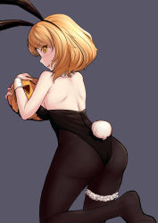 Rule 34 | 1girl, absurdres, animal ears, black leotard, blonde hair, detached collar, er se long, fake animal ears, from behind, grey background, highres, jack-o&#039;-lantern, leotard, looking at viewer, open mouth, pantyhose, playboy bunny, rabbit ears, rabbit tail, renown (warship girls r), solo, strapless, strapless leotard, tail, warship girls r, wrist cuffs, yellow eyes