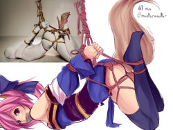 Rule 34 | 10s, 1girl, animal ears, arms behind back, ass, bdsm, blue thighhighs, blush, bondage, bound, crying, crying with eyes open, detached sleeves, fate/extra, fate (series), fox ears, fox tail, gag, gagged, improvised gag, maullarmaullar, photo-referenced, photo inset, pink hair, reference inset, reference photo, reference work, rope, shibari, shibari over clothes, skindentation, solo, suspension, tail, tamamo (fate), tamamo no mae (fate/extra), tape, tape gag, tears, thighhighs, top-down bottom-up