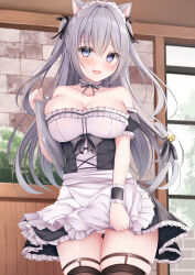 Rule 34 | 1girl, absurdres, animal ears, apron, bare shoulders, bell, black dress, black thighhighs, blush, breasts, cameltoe, cat ears, cat tail, cleavage, clothes pull, collarbone, commentary request, crossed bangs, dress, dress pull, fake animal ears, fake tail, grey hair, hair between eyes, hanonokusa, highres, holding, holding tray, indoors, large breasts, long hair, looking at viewer, maid, maid apron, open mouth, original, panties, purple eyes, ribbon, short dress, smile, standing, tail, tail bell, tail ornament, tail ribbon, thighhighs, tray, two-tone dress, two side up, underwear, white dress, white panties