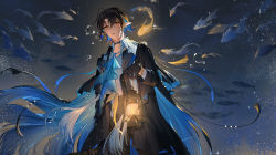 Rule 34 | 1boy, api qwq, arknights, ascot, black choker, black coat, black gloves, black hair, black pants, blue ascot, blue cape, blue hair, bracelet, cape, choker, coat, collarbone, cowboy shot, earrings, fish, flying fish, freckles, gloves, hair between eyes, highres, holding, holding lantern, jewelry, lantern, long sleeves, looking at viewer, lumen (arknights), male focus, multicolored hair, open clothes, open coat, pants, parted lips, pointy ears, shell, shell earrings, shirt, short hair, solo, two-tone hair, water drop, white shirt