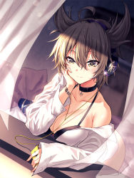 Rule 34 | 1girl, ahoge, bare shoulders, black bra, black choker, bra, breasts, brown hair, cable, choker, cleavage, commentary, commission, curtains, earmuffs, english commentary, hand up, head rest, highres, indoors, koissa, long sleeves, off shoulder, pixiv commission, pointy hair, shirt, short hair, smile, solo, touhou, toyosatomimi no miko, underwear, white shirt, yellow eyes