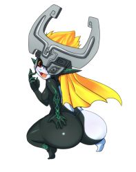 Rule 34 | 1girl, ass, bad id, bad tumblr id, blonde hair, blush, breasts, colored sclera, fangs, from behind, hand on own ass, helmet, huge ass, long hair, mato spectoru, midna, neon trim, nintendo, nude, one eye covered, open mouth, pointy ears, red eyes, small breasts, smile, solo, squatting, the legend of zelda, the legend of zelda: twilight princess, tiptoes, yellow sclera