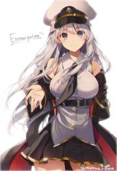 Rule 34 | 1girl, arm behind back, azur lane, bare shoulders, black coat, black necktie, black skirt, blush, breasts, buttons, character name, coat, collared shirt, commentary request, cowboy shot, enterprise (azur lane), floating hair, hair between eyes, hat, large breasts, long hair, looking at viewer, military, military uniform, miniskirt, mishima kurone, necktie, outstretched arm, peaked cap, pleated skirt, purple eyes, shirt, silver hair, skirt, sleeveless, sleeveless shirt, smile, solo, twitter username, underbust, uniform, white shirt