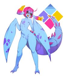 Rule 34 | 1girl, blue skin, cleft of venus, collarbone, colored sclera, colored skin, cteno (slugbox), flat chest, full body, furry, furry female, glasses, head arms, highres, looking at viewer, monster girl, navel, no nipples, open mouth, original, pink hair, pussy, red eyes, semi-rimless eyewear, short hair, simple background, slugbox, solo, spiked tail, standing, tail, under-rim eyewear, white background, yellow sclera