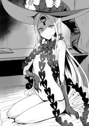 Rule 34 | 1girl, abigail williams (fate), abigail williams (third ascension) (fate), alternate breast size, bedroom, breasts, fate/grand order, fate (series), gloves, greyscale, hat, highres, keyhole, long hair, looking at viewer, miyamoto issa, monochrome, sitting, smile, solo, topless, very long hair