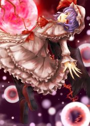 Rule 34 | 1girl, :d, akisome hatsuka, ascot, bat wings, black legwear, energy ball, full moon, hat, looking at viewer, mob cap, moon, open mouth, purple hair, red eyes, red moon, remilia scarlet, shoes, short hair, smile, solo, touhou, wings