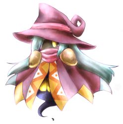Rule 34 | 1girl, drawcia, hat, kagosumi, kirby (series), kirby canvas curse, nintendo, scarf, simple background, solo, white background, witch, witch hat, yellow eyes