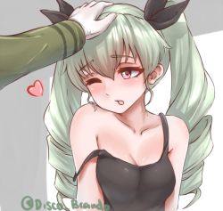 Rule 34 | 10s, 1girl, anchovy (girls und panzer), anchovy (girls und panzer), arms at sides, bare shoulders, breasts, chestnut mouth, cleavage, collarbone, commentary, disco brando, drill hair, girls und panzer, green hair, hair between eyes, long hair, looking at another, medium breasts, one eye closed, open mouth, out of frame, patting, red eyes, solo focus, strap slip, tank top, twin drills, twintails