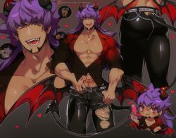 Rule 34 | 1boy, :d, abs, alternate costume, belt, black pants, blush, chariko, closed mouth, collarbone, collared shirt, commentary, creatures (company), demon boy, demon horns, demon tail, demon wings, game freak, heart, horns, leon (pokemon), male focus, multiple views, nintendo, open mouth, pants, pectorals, pokemon, pokemon swsh, red shirt, shirt, smile, tail, teeth, tongue, torn clothes, torn pants, watermark, web address, wings