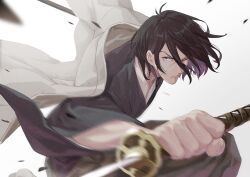 Rule 34 | 1boy, black hair, blue kimono, blurry, closed mouth, commentary request, constricted pupils, depth of field, fighting stance, floating hair, foreshortening, hair between eyes, haori, highres, holding, holding sword, holding weapon, incoming attack, ishikawa goemon xiii, japanese clothes, katana, kimono, leaning forward, looking at viewer, lupin iii, motion blur, nose, one eye closed, serious, short hair, simple background, solo, sword, weapon, white background, yono 999