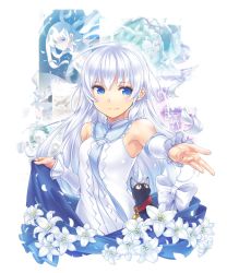 Rule 34 | 1girl, bell, black cat, blue eyes, blue necktie, blue skirt, bow, cat, closed mouth, collar, daniel (shinigami no ballad), detached sleeves, flower, highres, lily (flower), long hair, looking at viewer, momo (shinigami no ballad), nanakusa, neck bell, necktie, outstretched arm, petals, reaching, reaching towards viewer, shinigami no ballad, shirt, skirt, skirt hold, smile, solo, upper body, white bow, white flower, white hair, white shirt