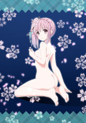 Rule 34 | 1girl, :o, aqua ribbon, arm at side, ass, back, bad id, bad pixiv id, barefoot, braid, breasts, commentary request, completely nude, crown braid, flower, from behind, from side, full body, hair flower, hair ornament, hair ribbon, hair stick, hand up, holding, holding flower, kyariko, looking at viewer, looking back, medium breasts, nude, open mouth, original, petals, pink eyes, pink flower, pink hair, ribbon, short hair, shoulder blades, sidelocks, sitting, soles, solo, twisted neck, wariza