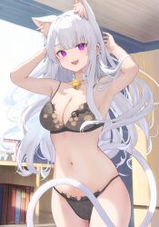 Rule 34 | 1girl, absurdres, animal ear fluff, animal ears, armpits, arms up, barbell piercing, bell, black bra, black panties, book, bookshelf, bra, breasts, cat ears, cat girl, cat tail, choker, commentary, daily (daily178900), ear piercing, fangs, highres, indoors, industrial piercing, jingle bell, large breasts, light blush, long hair, navel, neck bell, o-ring, o-ring choker, open mouth, original, panties, paw print, photo (object), picture frame, piercing, purple eyes, slit pupils, smile, solo, stomach, string panties, symbol-only commentary, tail, teeth, underwear, underwear only, upper teeth only, very long hair, white choker, white hair