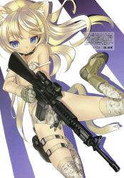 Rule 34 | 1girl, absurdres, animal ears, assault rifle, bare shoulders, between breasts, blade (galaxist), blonde hair, blue eyes, boots, bra, breasts, camouflage, cat ears, cat tail, choker, cleavage, combat boots, cross-laced footwear, digital camouflage, eotech, gloves, gun, handgun, highres, holster, long hair, lying, m16, m16a4, on back, open mouth, original, panties, pistol, rifle, scan, small breasts, solo, strap slip, tail, thigh holster, thighhighs, underwear, underwear only, weapon