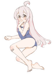 Rule 34 | 1girl, absurdres, ahoge, ass, bandaid, bandaid on knee, bandaid on leg, bare arms, bare legs, bare shoulders, barefoot, blue one-piece swimsuit, blush, commentary, english commentary, feet, full body, genderswap, genderswap (mtf), hair between eyes, hand to own mouth, highres, long hair, looking at viewer, lying, mayoineko, old school swimsuit, on side, one-piece swimsuit, onii-chan wa oshimai!, oyama mahiro, pink hair, school swimsuit, simple background, sketch, solo, swimsuit, toes, very long hair, white background, yellow eyes