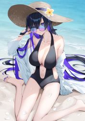 Rule 34 | 1girl, beach, black one-piece swimsuit, breasts, cleavage, closed mouth, earrings, full body, hat, highres, jewelry, kitsune ncv, long hair, long sleeves, looking at viewer, nail polish, navel, one-piece swimsuit, open clothes, open shirt, original, outdoors, petals, purple eyes, purple hair, purple nails, sand, shirt, signature, sitting, solo, sun hat, sunglasses, swimsuit, toenail polish, toenails, wariza, water, white shirt