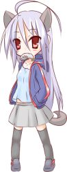 Rule 34 | 100 percent orange juice, 1girl, ahoge, animal, animal ears, black thighhighs, blue camisole, blue jacket, blush stickers, camisole, cat ears, cat girl, cat tail, collarbone, commentary request, fang, fish, fish in mouth, grey footwear, grey skirt, hair between eyes, hands in pockets, hono, hood, hood down, hooded jacket, jacket, kemonomimi mode, long hair, mouth hold, official art, open clothes, open jacket, pleated skirt, red eyes, shoes, silver hair, simple background, skirt, solo, suguri, suguri (orange juice), tail, thighhighs, very long hair, white background