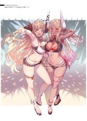 Rule 34 | 2girls, absurdres, ahoge, anila (granblue fantasy), anila (summer) (granblue fantasy), arm behind head, arm up, armpits, bare shoulders, bikini, blonde hair, blush, bow, breast press, breasts, brown eyes, cleavage, dark-skinned female, dark skin, draph, full body, granblue fantasy, highres, horns, kumbhira (granblue fantasy), kumbhira (summer) (granblue fantasy), long hair, looking at viewer, medium breasts, multiple girls, navel, o-ring, o-ring bikini, one eye closed, open mouth, pointy ears, sandals, simple background, smile, standing, stomach, swimsuit, teeth, thighs, upper teeth only, v, yellowpaint.
