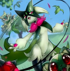 Rule 34 | :3, blue sky, blurry, blurry background, claws, creatures (company), evolutionary line, fangs, floragato, game freak, highres, looking at viewer, meowscarada, nintendo, open mouth, petals, pink eyes, pkbunny, plant, pokemon, pokemon (creature), red eyes, sky, smile, sprigatito, tree, vines, yo-yo