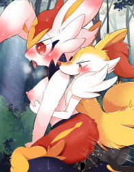 Rule 34 | 1boy, 1girl, ?, ajiwo, animal ear fluff, animal ears, animal hands, animal nose, black fur, blue fur, blush, body fur, braixen, breasts, breath, bright pupils, buck teeth, bush, cinderace, creatures (company), day, drooling, ear blush, forest, fox boy, fox ears, fox tail, from side, furry, furry female, furry male, furry with furry, game freak, gen 6 pokemon, gen 8 pokemon, grabbing, grabbing another&#039;s breast, half-closed eyes, happy, heart, heart-shaped pupils, hetero, highres, interspecies, japanese text, kneeling, looking down, medium breasts, mind control, motion lines, multicolored fur, nature, nintendo, nose blush, open mouth, outdoors, pokemon, pokemon (creature), profile, rabbit ears, rabbit girl, red eyes, red fur, red hair, ringed eyes, saliva, sex, sex from behind, short hair, smile, snout, star (symbol), stick, sweat, symbol-shaped pupils, tail, tears, teeth, textless version, tongue, tongue out, translated, tree, white fur, white pupils, yellow fur