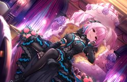 Rule 34 | 1girl, ahoge, black dress, black footwear, black gloves, black ribbon, black thighhighs, blue hair, blurry, blurry foreground, breasts, cake, candle, curtains, detached sleeves, dress, fang, fingerless gloves, flower, food, food on face, foreshortening, gloves, hair ribbon, hand up, heart, heart bracelet, holding, holding food, idolmaster, idolmaster cinderella girls, idolmaster cinderella girls starlight stage, indoors, lace, lace gloves, large breasts, layer cake, looking to the side, medium hair, multicolored hair, night, official art, pink flower, pink hair, pink rose, purple flower, purple rose, ribbon, rose, sitting, thighhighs, torn clothes, torn curtains, torn thighhighs, two-tone hair, window, yumemi riamu