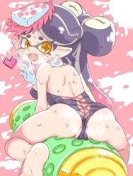 Rule 34 | 1girl, :d, ass, back, backless swimsuit, bare back, bent over, breasts, butt crack, callie (splatoon), cameltoe, covered erect nipples, cross-shaped pupils, detached collar, earrings, fangs, from behind, gloves, gradient hair, hand up, heart, highres, ikaheigen, inkling, jewelry, long hair, looking back, medium breasts, mole, mole under eye, multicolored hair, nintendo, one-piece swimsuit, open mouth, paint splatter, pink background, pink hair, pointy ears, purple hair, purple one-piece swimsuit, smile, solo, splatoon (series), steaming body, swimsuit, symbol-shaped pupils, tentacle hair, two-tone hair, white gloves, yellow eyes