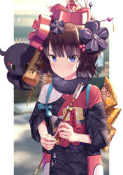 Rule 34 | 1girl, arrow (projectile), blue eyes, blush, breasts, commentary request, eyes visible through hair, fate (series), flower, hair flower, hair ornament, highres, holding, holding arrow, japanese clothes, katsushika hokusai (fate), kimono, looking at viewer, octopus, purple hair, sanpeita, short hair, tokitarou (fate)