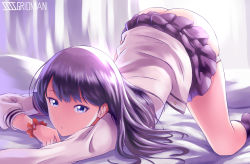 Rule 34 | 1girl, absurdres, arched back, ass, bare legs, blue eyes, copyright name, gridman universe, highres, kanogawa hiro, long hair, long sleeves, looking at viewer, lying, miniskirt, on stomach, panties, panty pull, pleated skirt, purple hair, purple skirt, red scrunchie, scrunchie, skirt, solo, ssss.gridman, sweater, takarada rikka, thighs, top-down bottom-up, underwear, white panties, white sweater, wrist scrunchie