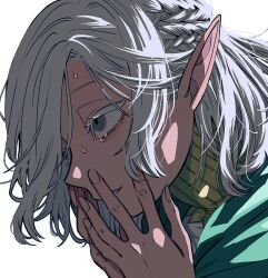 Rule 34 | 1boy, close-up, dungeon meshi, elf, gorget, grey eyes, grey hair, half up braid, hands on own face, highres, looking to the side, male focus, medium hair, mithrun, mithrun (young), moku (l1ccldyctt43918), pointy ears, shaded face, simple background, smile, solo, sweatdrop, symbol-shaped pupils, tearing up, wavy hair, white background