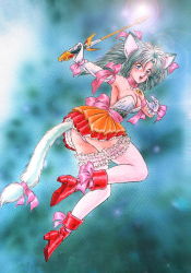 Rule 34 | 1990s (style), 1998, 1girl, abstract background, akira m, animal ears, armpits, bare shoulders, blue background, blush, boots, bow, cat ears, cat girl, cat tail, choker, dress, drill hair, elbow gloves, fangs, gloves, grey eyes, grey hair, hair bow, hair ribbon, happy, high heels, jewelry, jumping, layered dress, lens flare, long hair, looking at viewer, looking back, magical girl, medium hair, necklace, no bra, open mouth, orange dress, original, panties, panty peek, pink bow, pink panties, pink thighhighs, pleated dress, red dress, red footwear, retro artstyle, ribbon, short dress, smile, solo, strapless, strapless dress, tail, tail ornament, tail ribbon, teeth, thighhighs, twin drills, underwear, wand, white gloves